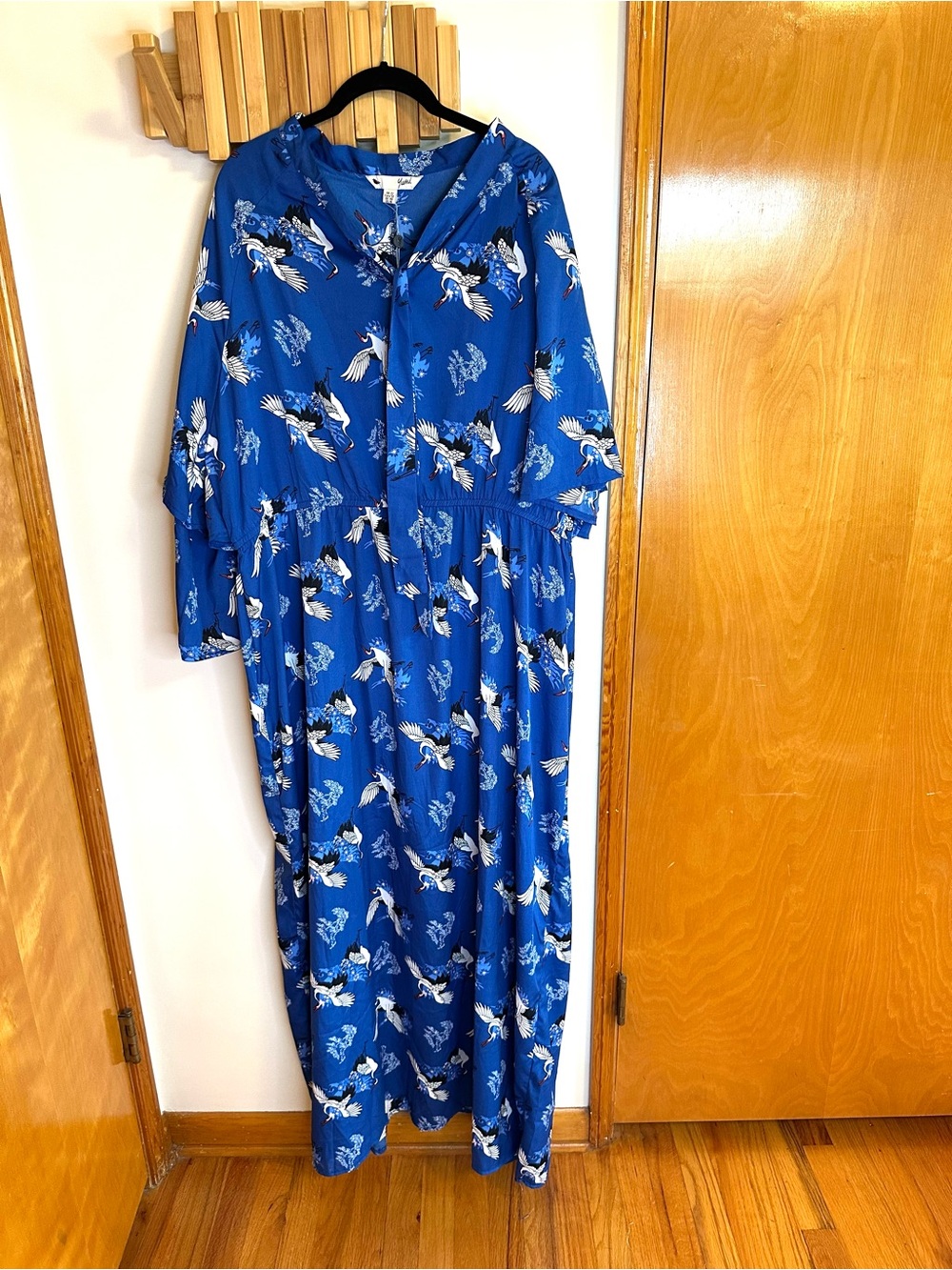 Blue Yumi Frill Sleeve Maxi Dress with Crane Bird print - caftan - size 18
